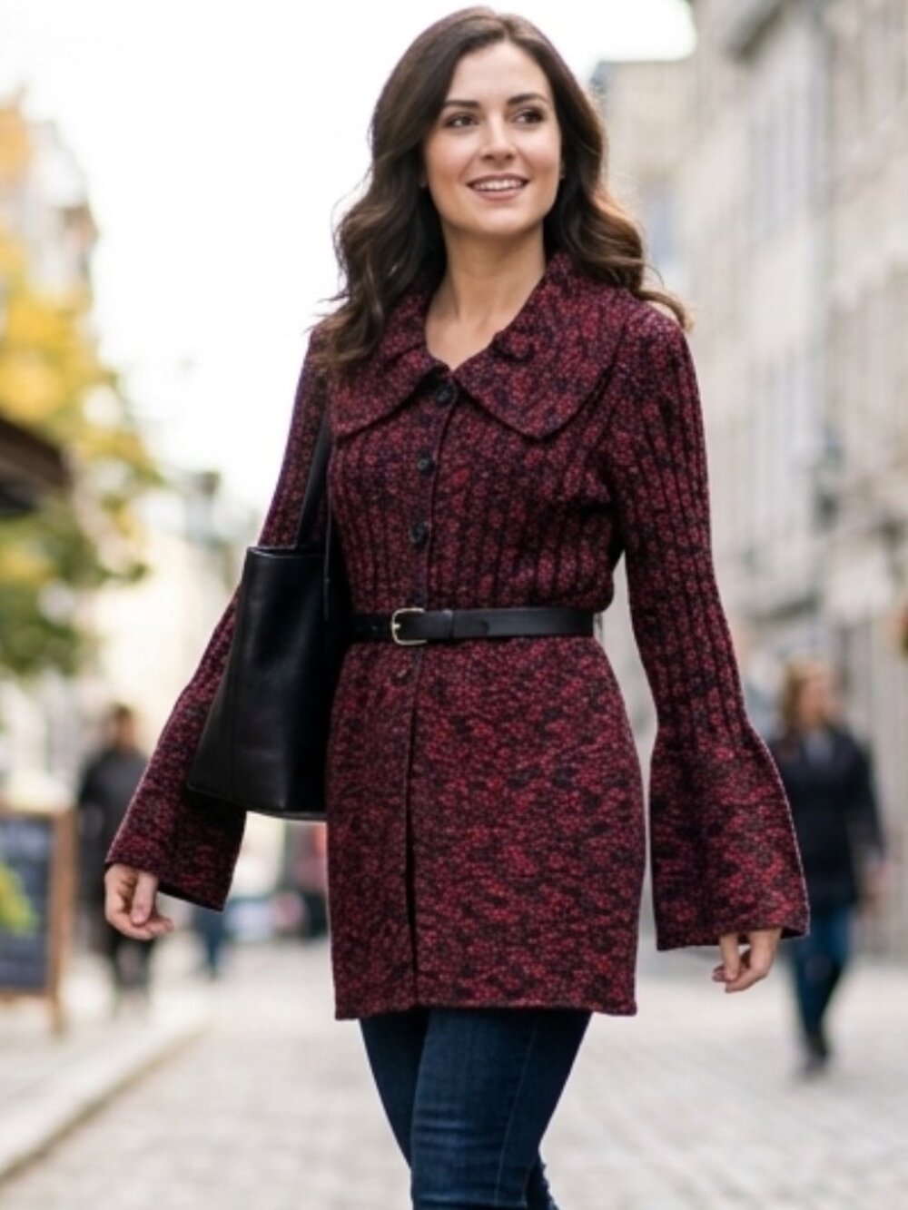 Style & Co Red and Black Marled Knit Flare Sleeve Button Front Cardigan Sweater